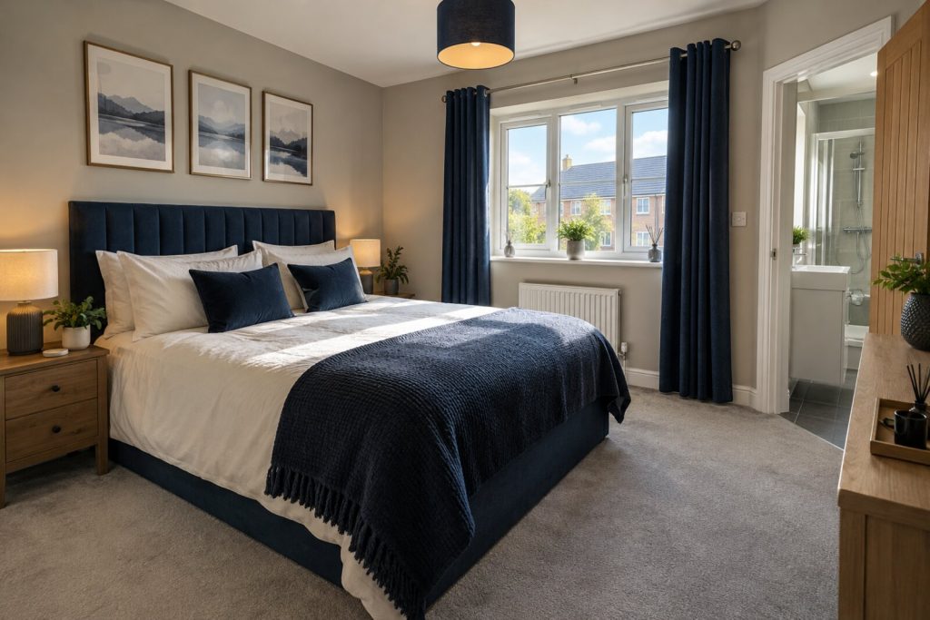 Bedroom in a modern 2000s semi-detached house, navy and warm grey, bright afternoon light