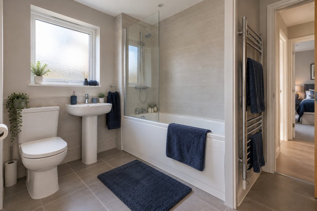 Bathroom in a modern 2000s semi-detached house, navy and warm grey, bright afternoon light