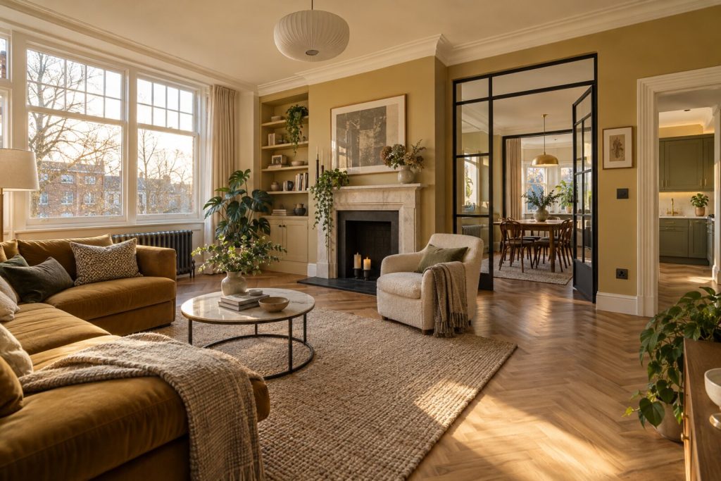 Living room in a refurbished 1930s mansion-block flat, mustard and cream with herringbone floors, winter sun