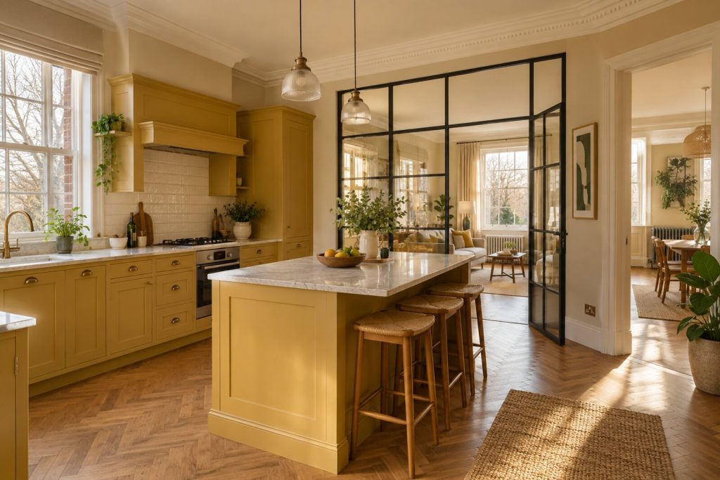 Kitchen in a refurbished 1930s mansion-block flat, mustard and cream with herringbone floors, winter sun