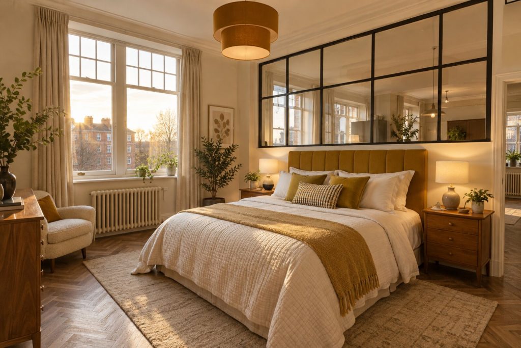 Bedroom in a refurbished 1930s mansion-block flat, mustard and cream with herringbone floors, winter sun
