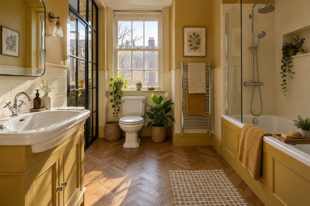 Bathroom in a refurbished 1930s mansion-block flat, mustard and cream with herringbone floors, winter sun