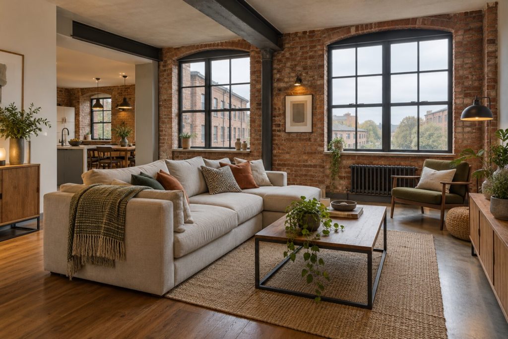 Living room in a loft-style converted mill flat, exposed brick and black steel, overcast daylight
