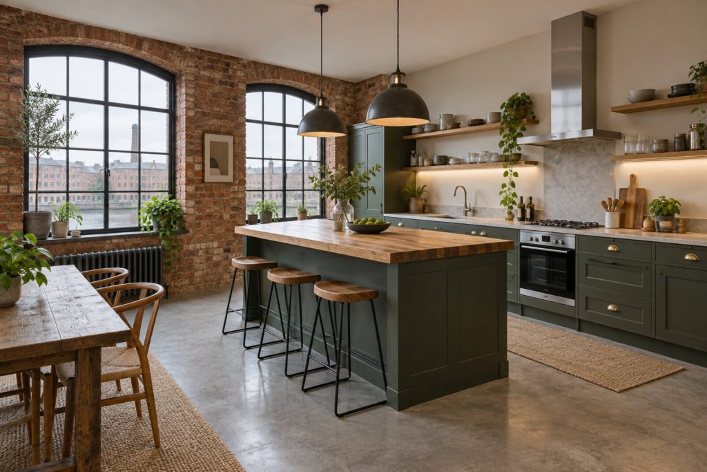 Kitchen in a loft-style converted mill flat, exposed brick and black steel, overcast daylight