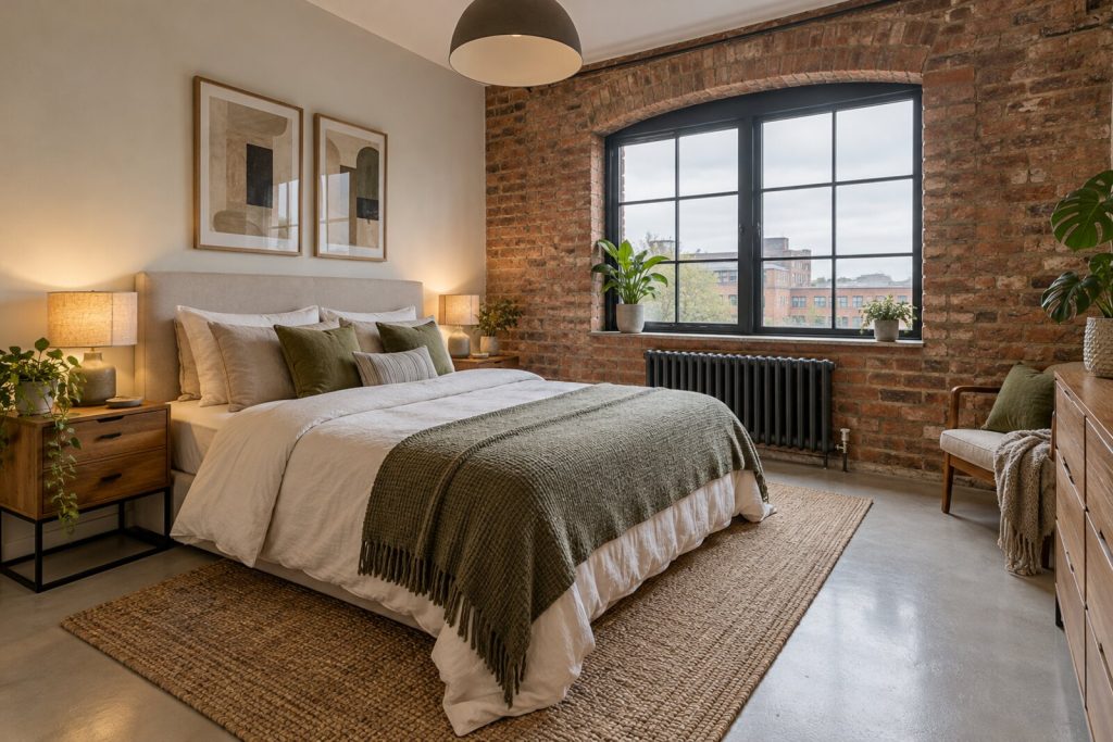 Bedroom in a loft-style converted mill flat, exposed brick and black steel, overcast daylight