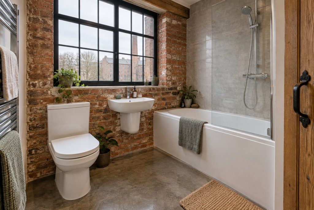 Bathroom in a loft-style converted mill flat, exposed brick and black steel, overcast daylight