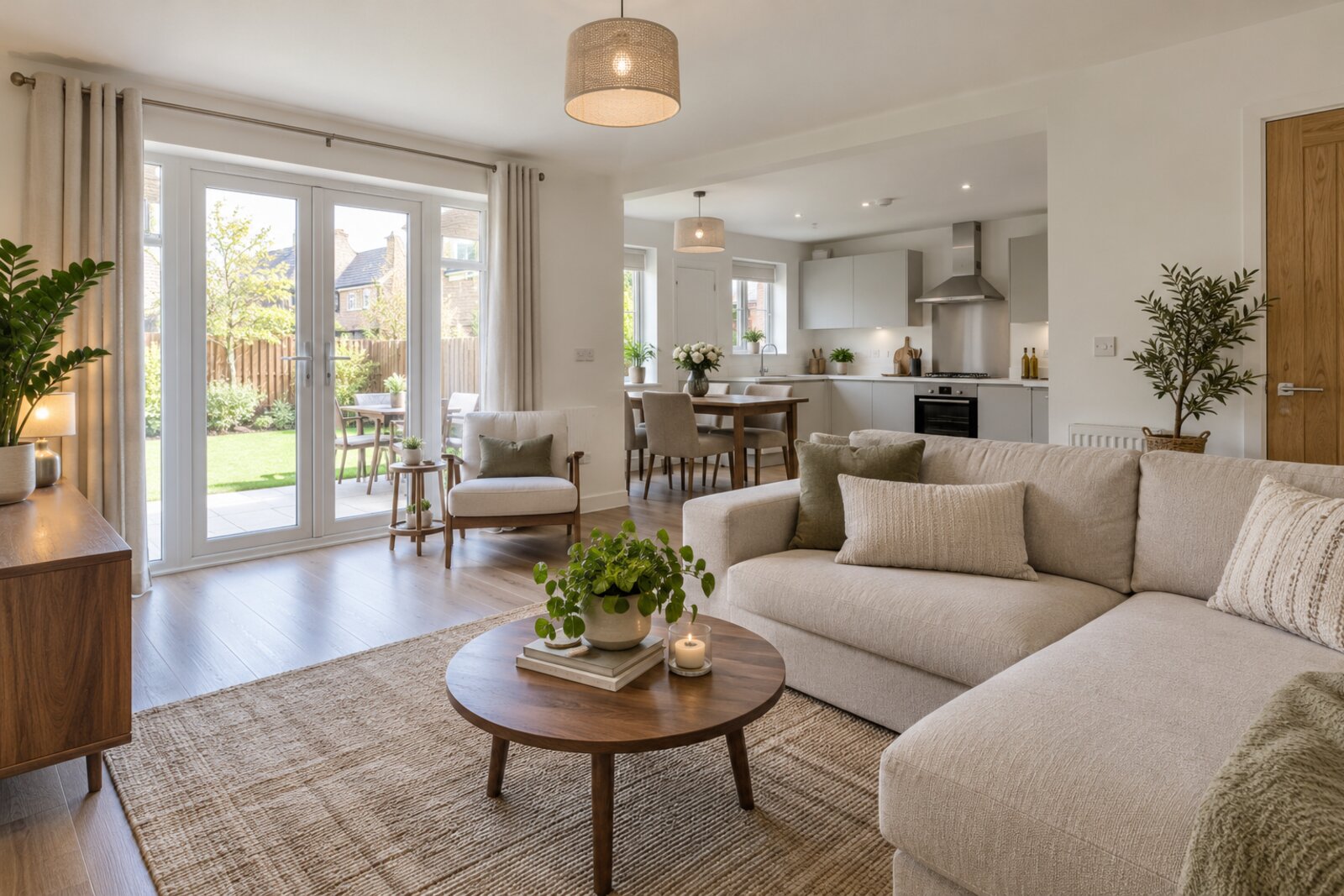 Living room in a 2020s new-build semi, soft white and walnut, bright spring daylight