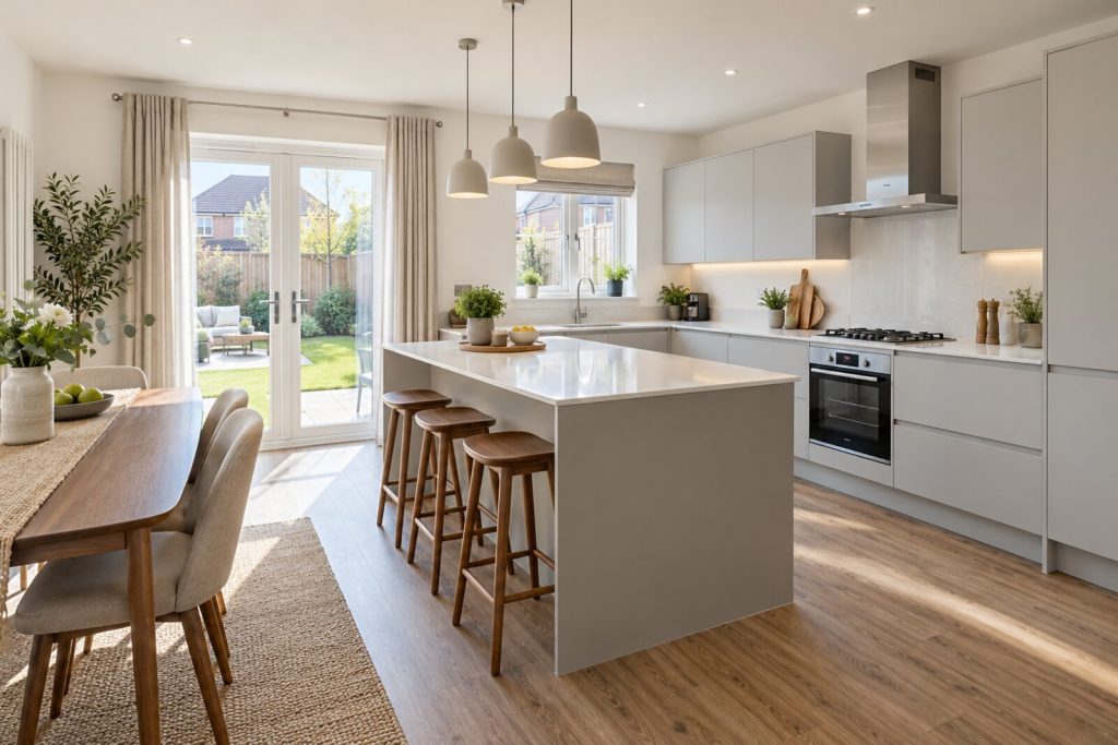 Kitchen in a 2020s new-build semi, soft white and walnut, bright spring daylight