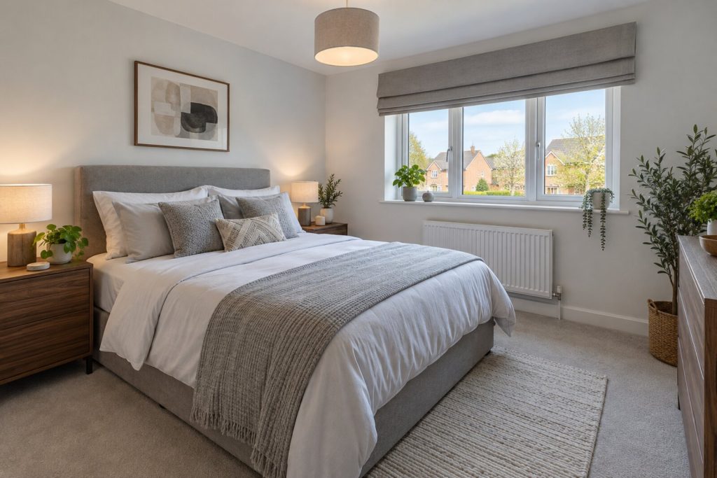 Bedroom in a 2020s new-build semi, soft white and walnut, bright spring daylight