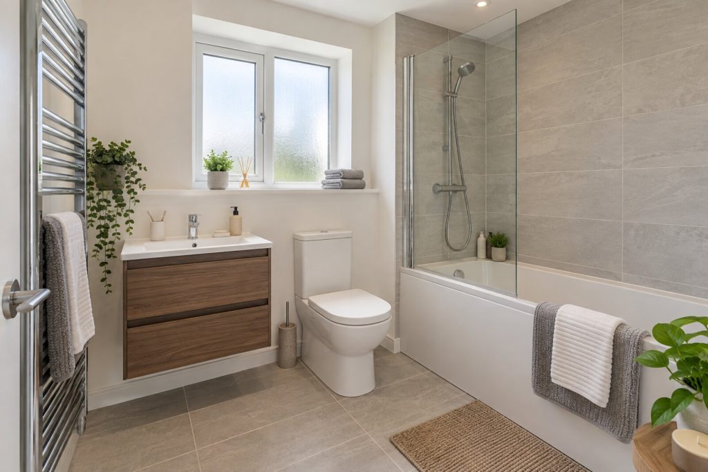 Bathroom in a 2020s new-build semi, soft white and walnut, bright spring daylight