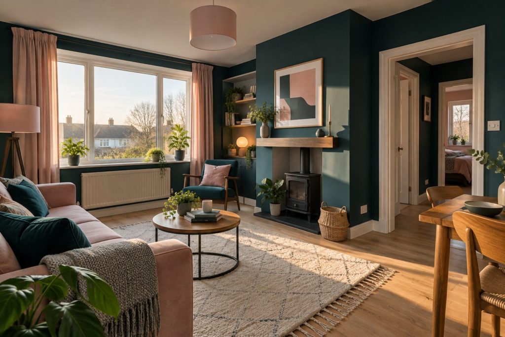 Living room in a refurbished 1960s maisonette, teal and pale pink, late-afternoon light