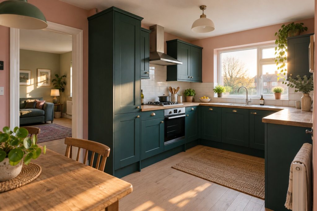Kitchen in a refurbished 1960s maisonette, teal and pale pink, late-afternoon light