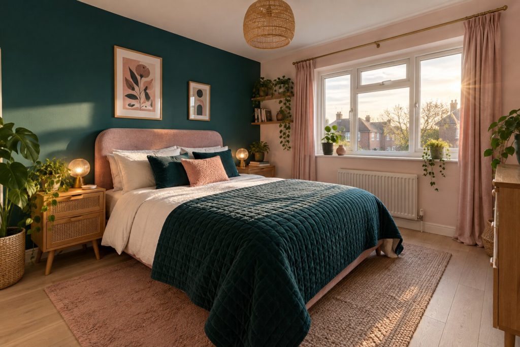 Bedroom in a refurbished 1960s maisonette, teal and pale pink, late-afternoon light