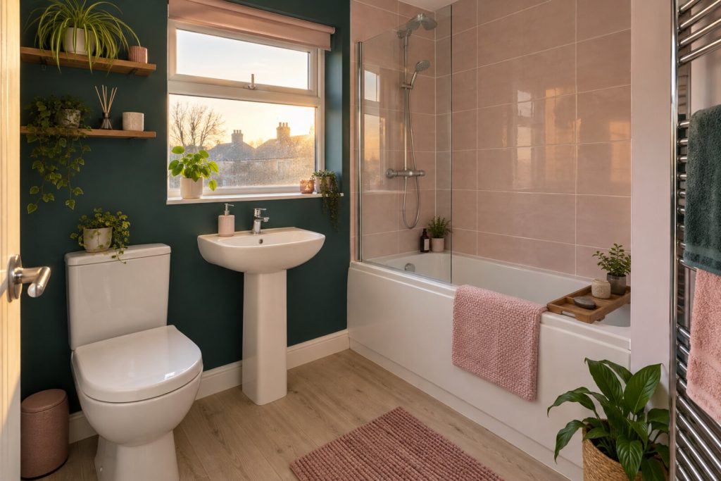 Bathroom in a refurbished 1960s maisonette, teal and pale pink, late-afternoon light