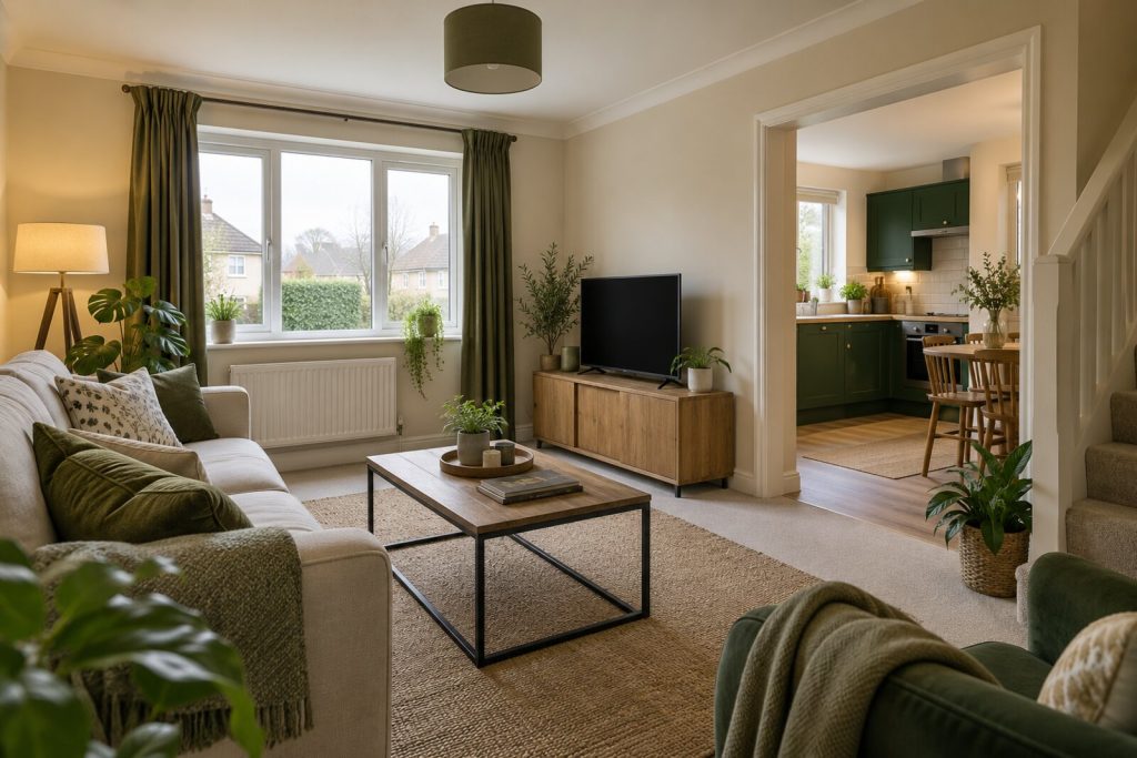 Living room in a modernised 1990s semi-detached house, cream and forest green, dull grey-day light