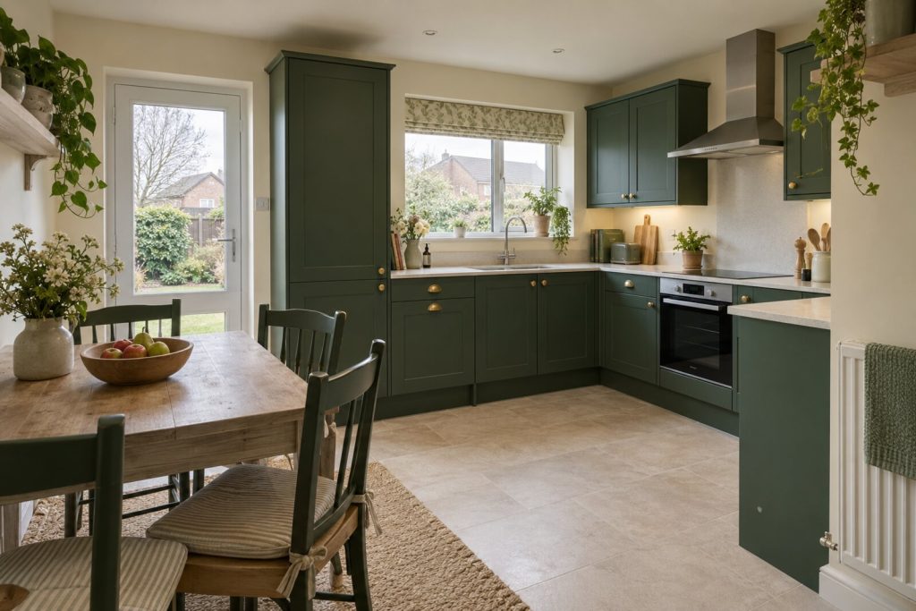 Kitchen in a modernised 1990s semi-detached house, cream and forest green, dull grey-day light