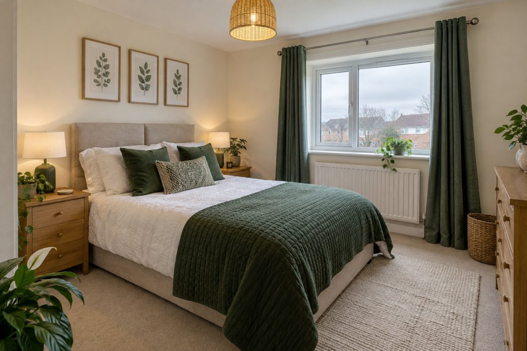 Bedroom in a modernised 1990s semi-detached house, cream and forest green, dull grey-day light