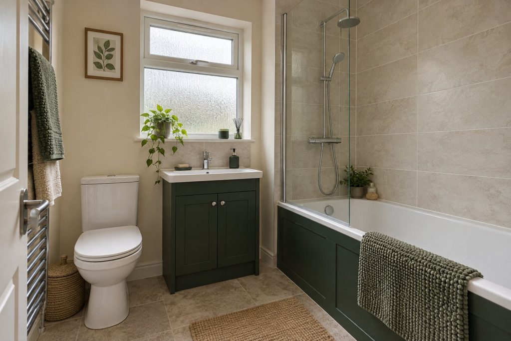 Bathroom in a modernised 1990s semi-detached house, cream and forest green, dull grey-day light