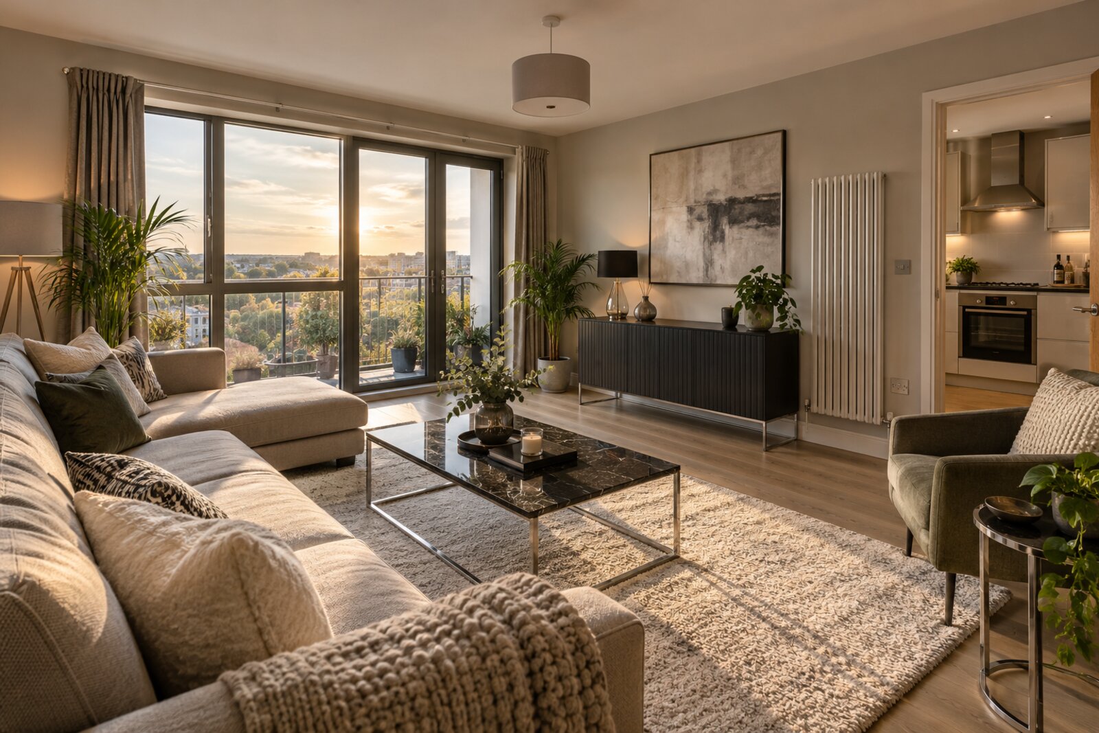 Living room in a top-floor flat in a 2000s block, greige and black marble, golden-hour light