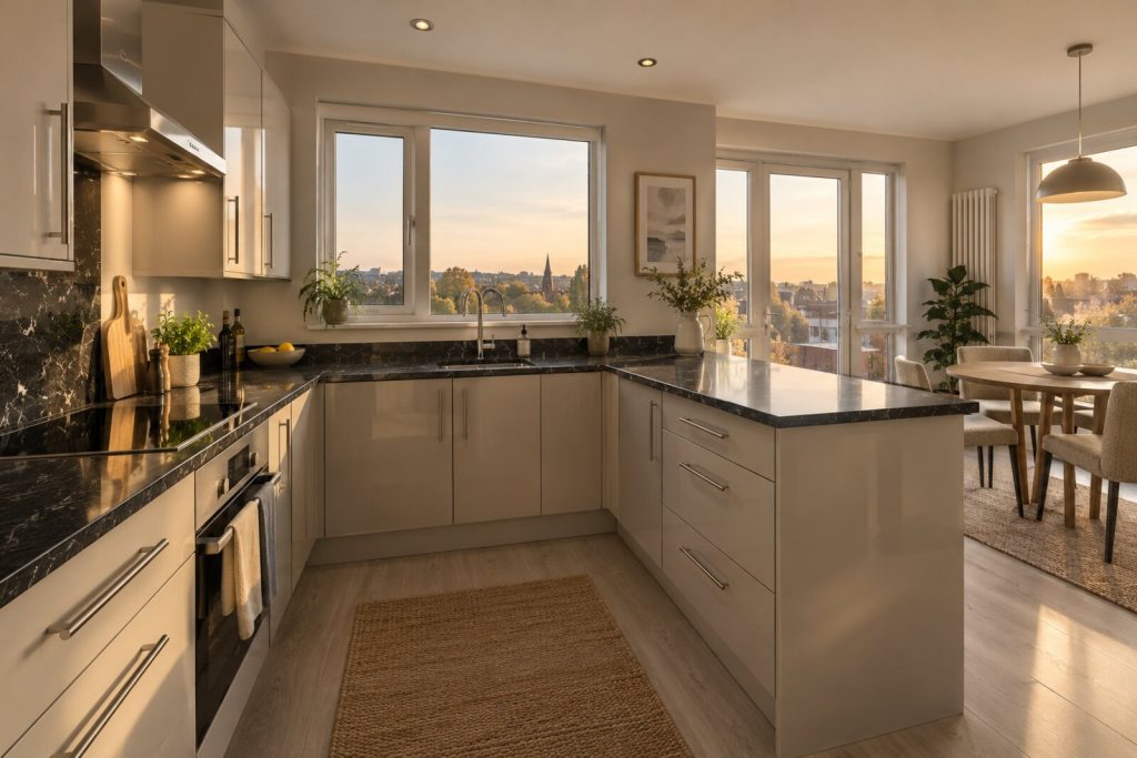 Kitchen in a top-floor flat in a 2000s block, greige and black marble, golden-hour light