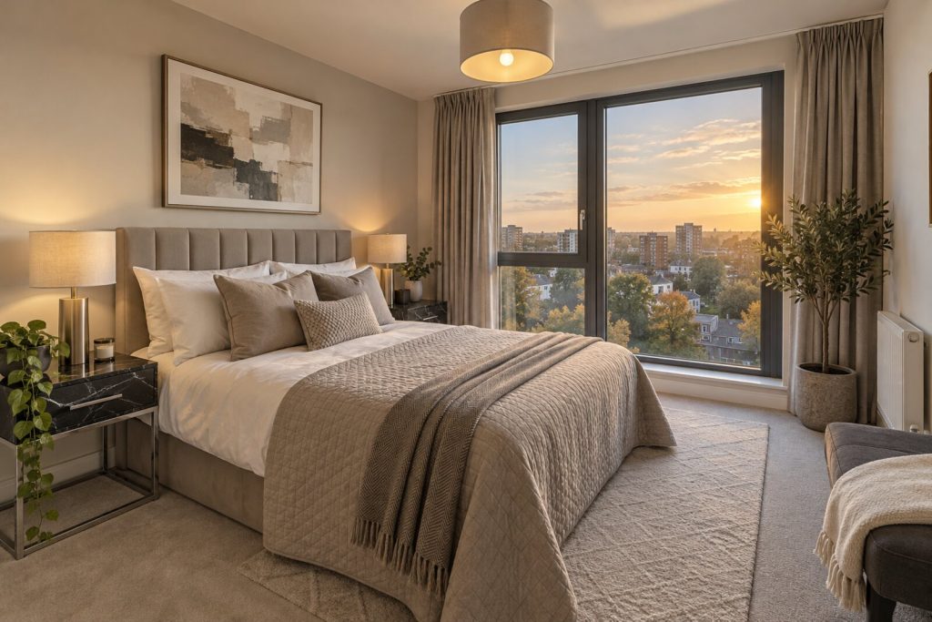 Bedroom in a top-floor flat in a 2000s block, greige and black marble, golden-hour light
