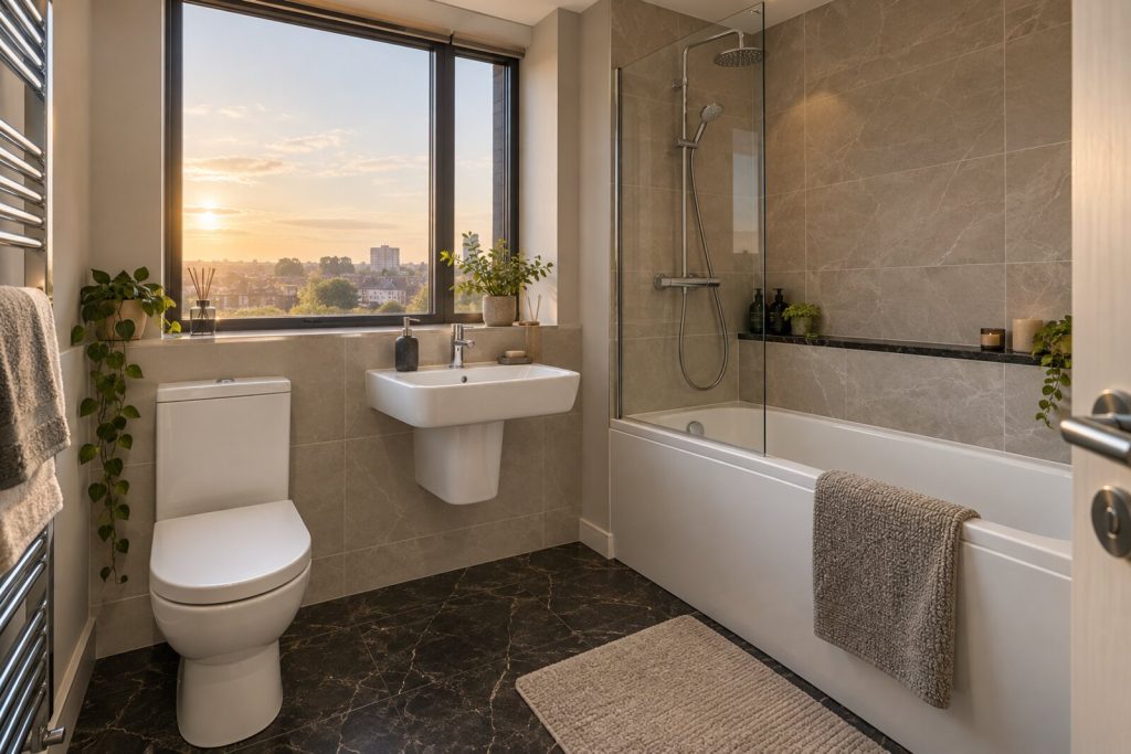 Bathroom in a top-floor flat in a 2000s block, greige and black marble, golden-hour light