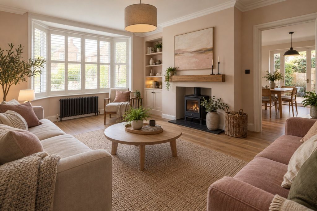 Living room in a refurbished 1980s townhouse, blush and sand with oak, soft morning light