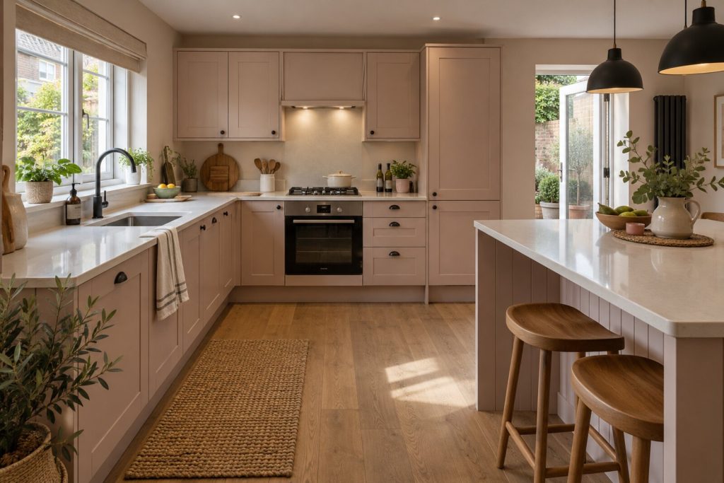 Kitchen in a refurbished 1980s townhouse, blush and sand with oak, soft morning light