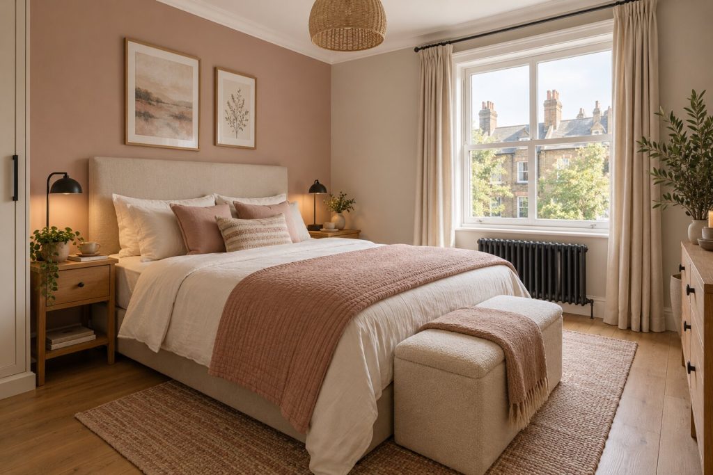 Bedroom in a refurbished 1980s townhouse, blush and sand with oak, soft morning light