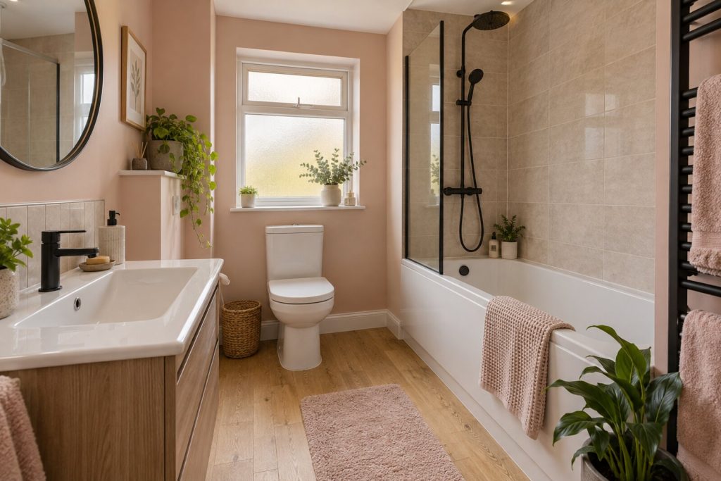 Bathroom in a refurbished 1980s townhouse, blush and sand with oak, soft morning light