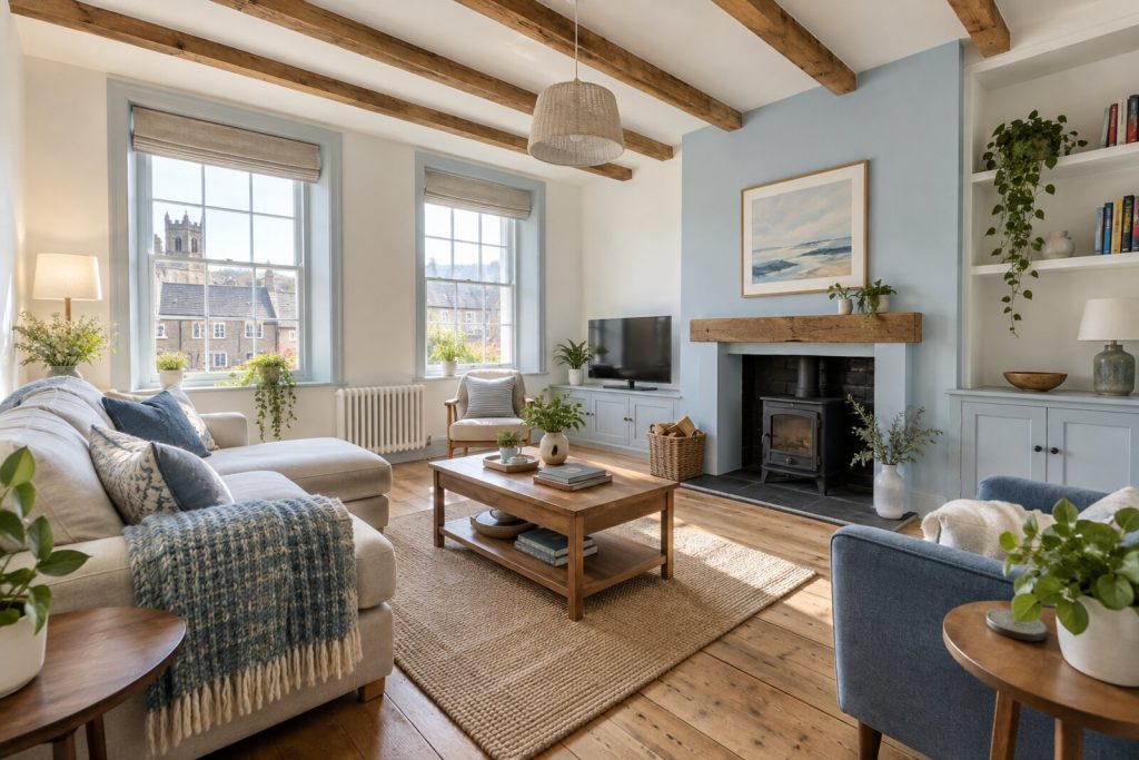 Living room in a compact flat above a converted shop, white with pale blue and bare timber, midday light