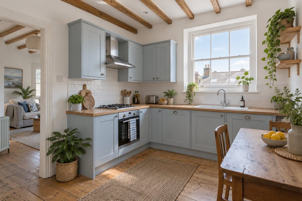 Kitchen in a compact flat above a converted shop, white with pale blue and bare timber, midday light