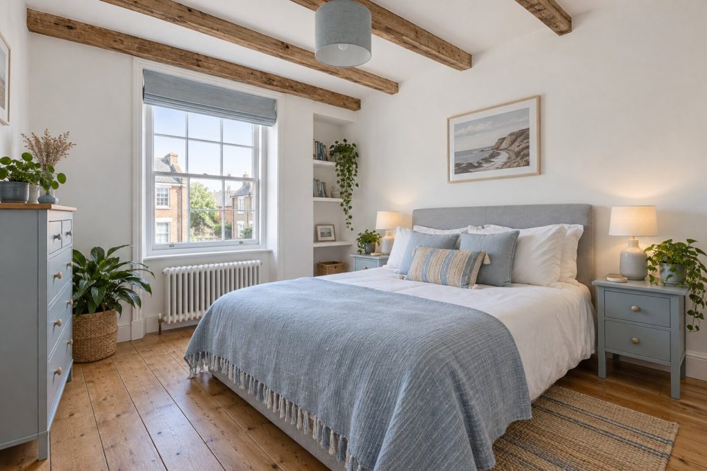 Bedroom in a compact flat above a converted shop, white with pale blue and bare timber, midday light