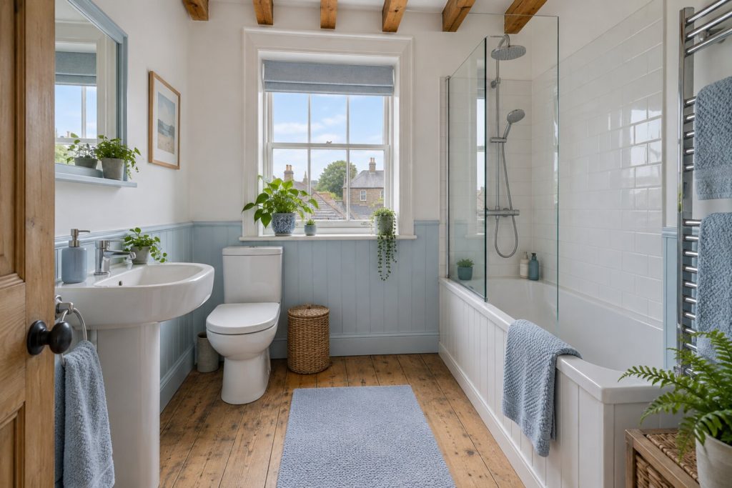 Bathroom in a compact flat above a converted shop, white with pale blue and bare timber, midday light