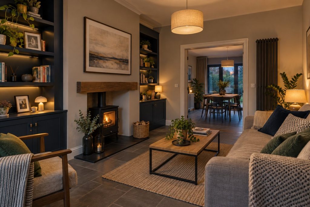 Living room in a modern 2010s semi-detached house, taupe and ink blue with slate floors, evening lamplight