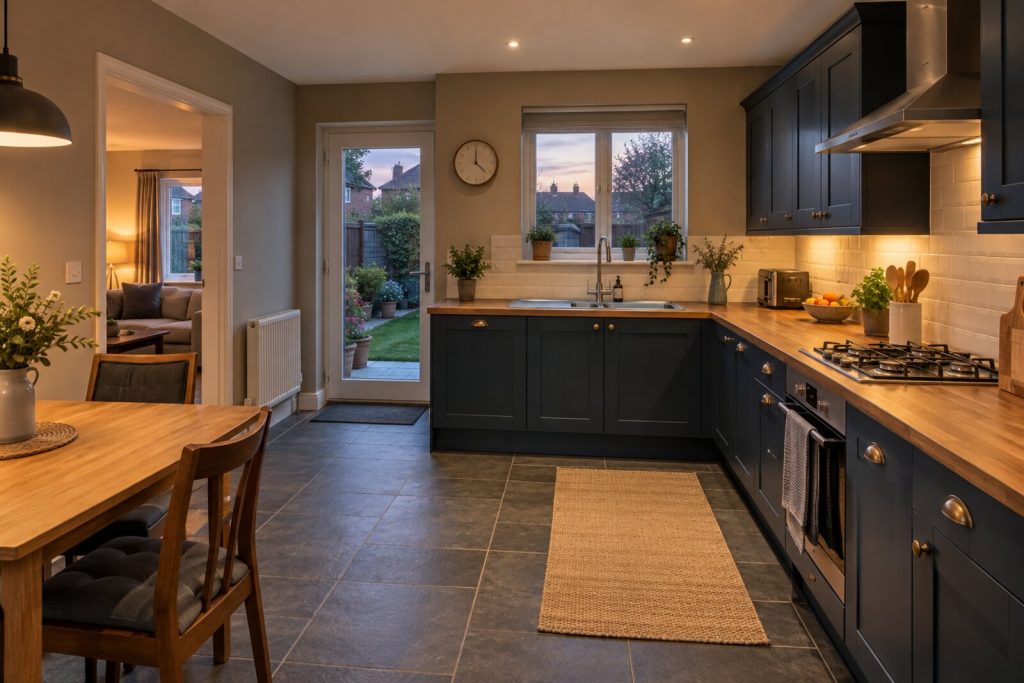 Kitchen in a modern 2010s semi-detached house, taupe and ink blue with slate floors, evening lamplight