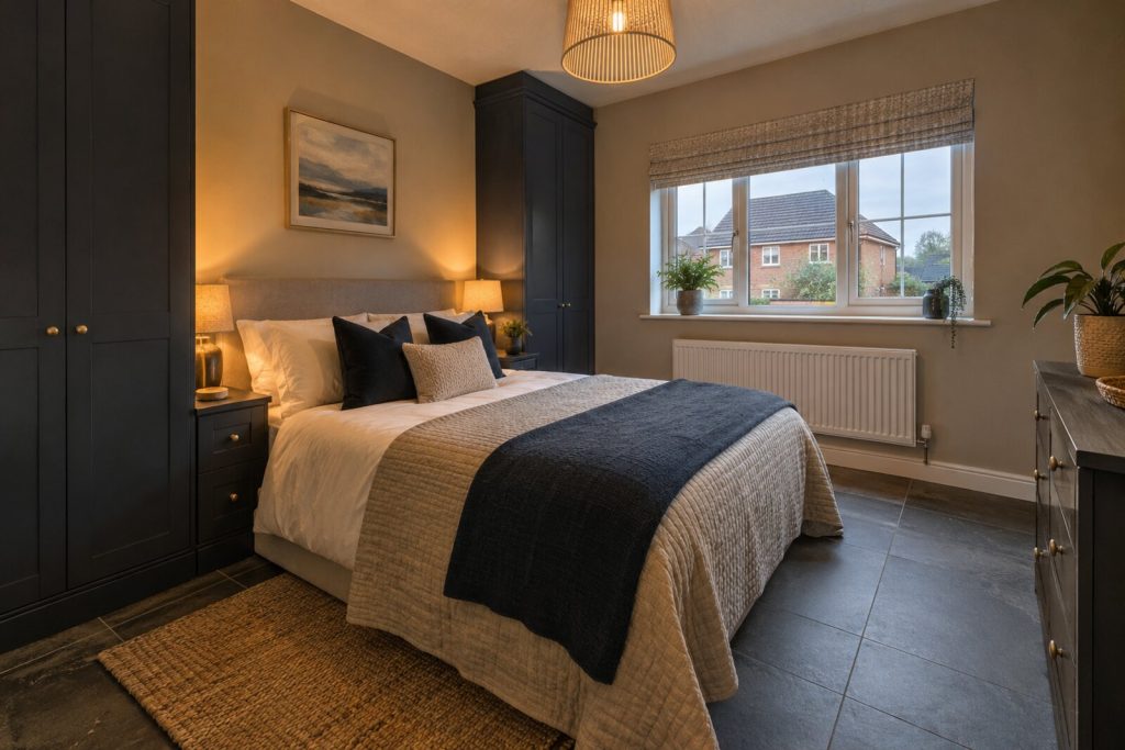 Bedroom in a modern 2010s semi-detached house, taupe and ink blue with slate floors, evening lamplight