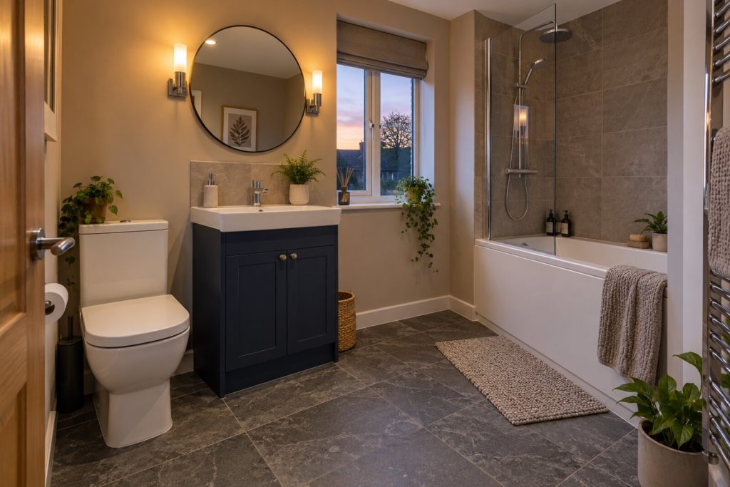 Bathroom in a modern 2010s semi-detached house, taupe and ink blue with slate floors, evening lamplight