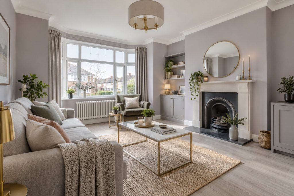 Living room in a refurbished 1950s ground-floor flat, lilac-grey and brass, bright winter light