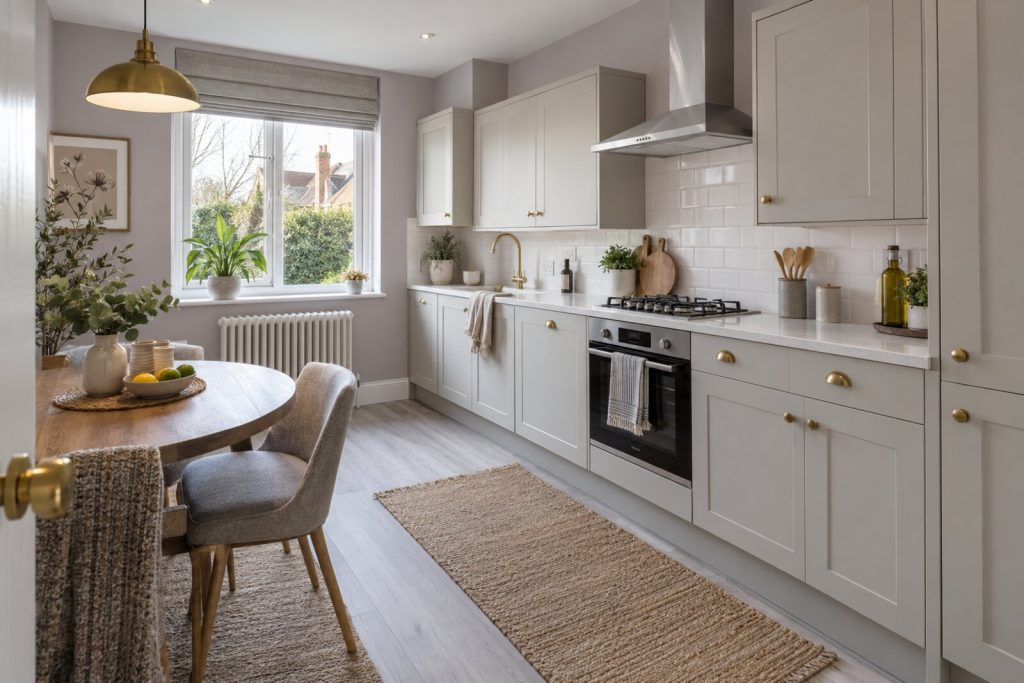 Kitchen in a refurbished 1950s ground-floor flat, lilac-grey and brass, bright winter light
