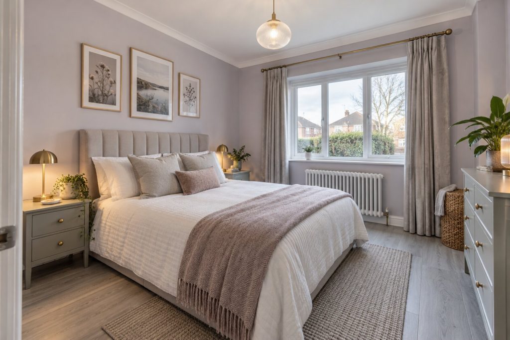 Bedroom in a refurbished 1950s ground-floor flat, lilac-grey and brass, bright winter light