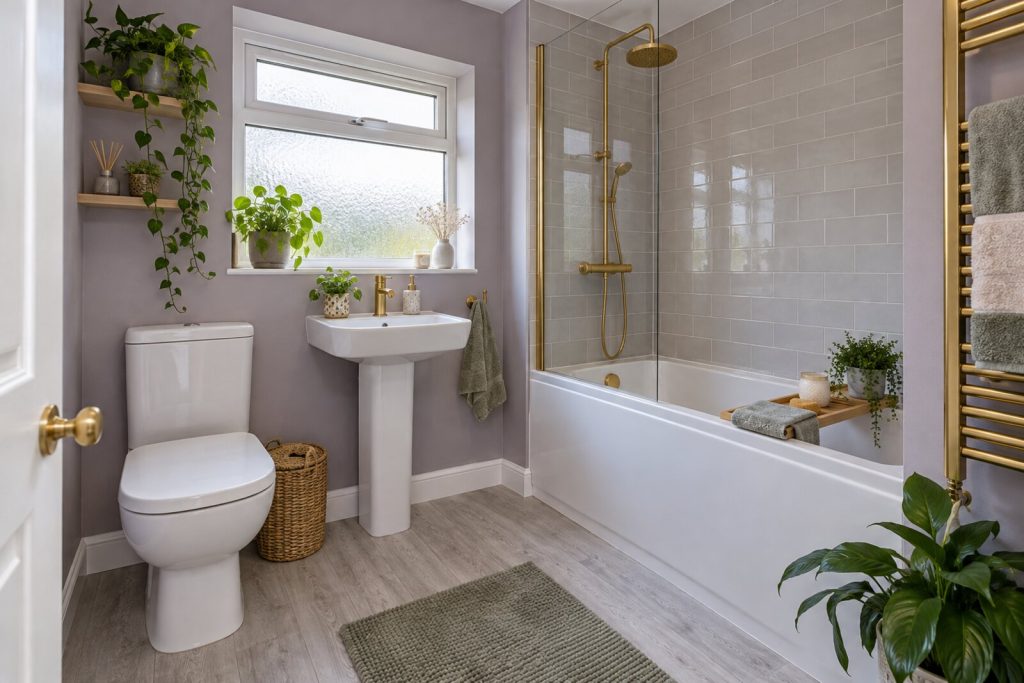 Bathroom in a refurbished 1950s ground-floor flat, lilac-grey and brass, bright winter light