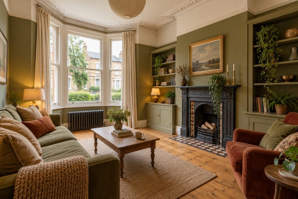 Living room in a Victorian terrace with original fireplaces, sash windows and encaustic tiles, warm light