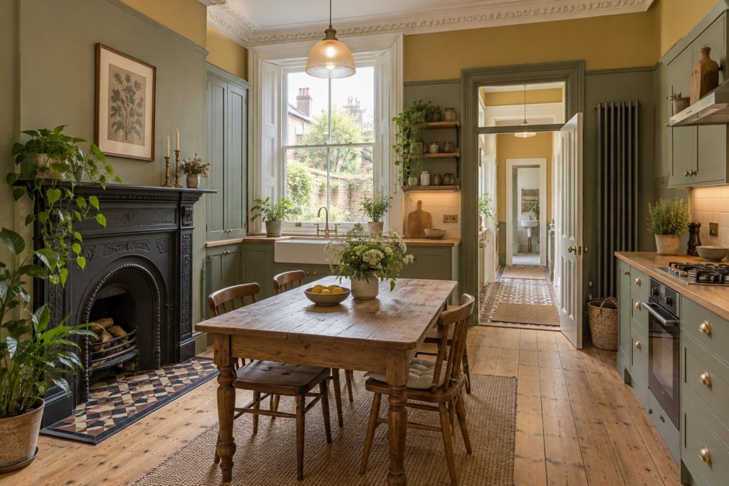 Kitchen in a Victorian terrace with original fireplaces, sash windows and encaustic tiles, warm light