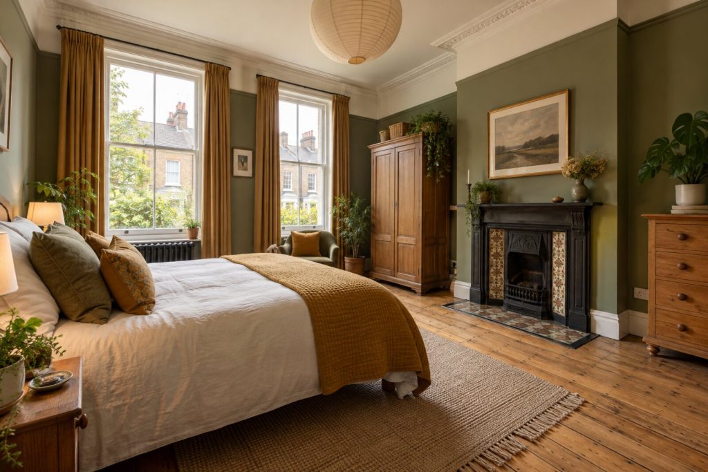 Bedroom in a Victorian terrace with original fireplaces, sash windows and encaustic tiles, warm light