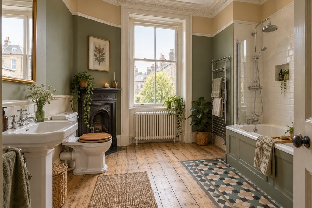 Bathroom in a Victorian terrace with original fireplaces, sash windows and encaustic tiles, warm light