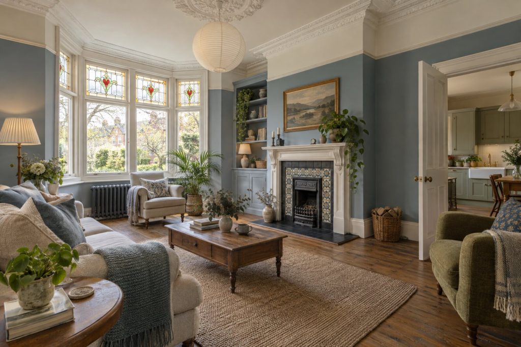 Living room in an Edwardian semi with stained-glass details, panelled doors and a Belfast sink, soft daylight