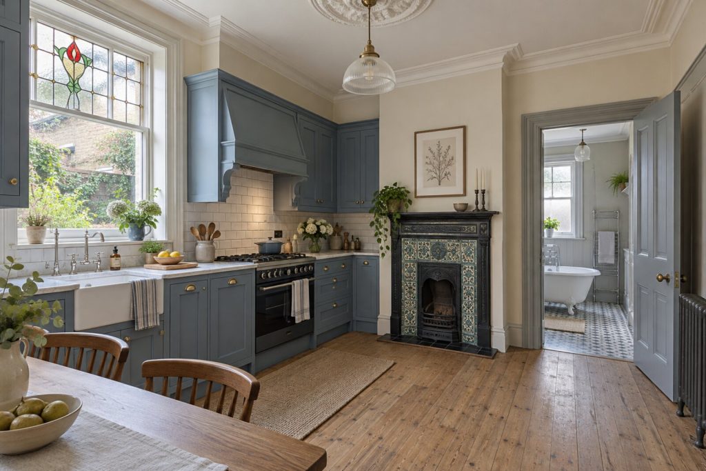 Kitchen in an Edwardian semi with stained-glass details, panelled doors and a Belfast sink, soft daylight