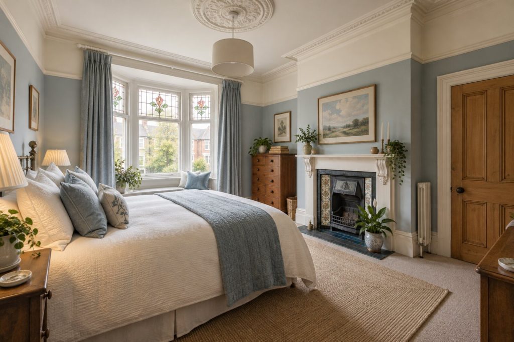 Bedroom in an Edwardian semi with stained-glass details, panelled doors and a Belfast sink, soft daylight