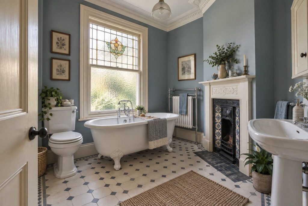 Bathroom in an Edwardian semi with stained-glass details, panelled doors and a Belfast sink, soft daylight